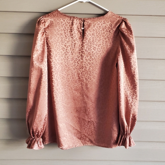 Tea Rose size Small shiney blush pink leopard print long sleeve blouse top - Picture 2 of 5